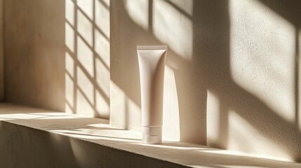 A minimalist white cosmetic tube stands elegantly on a sunlit windowsill, casting delicate shadows in a serene indoor space.