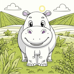 Cute Hippopotamus in Cartoon Style, coloring Illustration