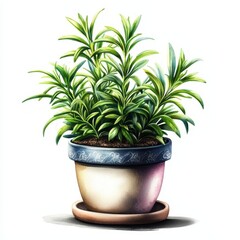 Fototapeta premium Lush Green Herb Plant Growing in Decorative Pot with Saucer on White Background