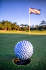 Obraz premium dramatic action shot of golf ball rolling towards hole motion dynamic with flag softly blurred