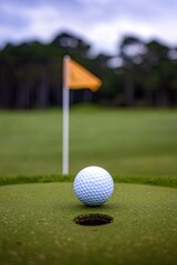Obraz premium dramatic action shot of golf ball rolling towards hole motion dynamic with flag softly blurred
