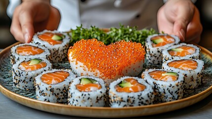 Chef placing sushi rolls with heart shaped tobiko on a plate
