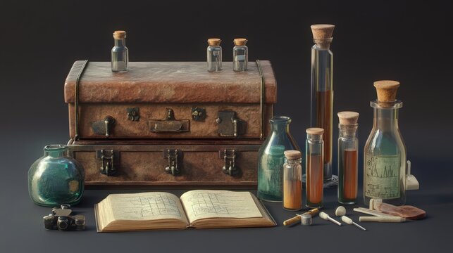 Vintage Travel Case with Apothecary Jars, Notebook and Lab Equipment Still Life