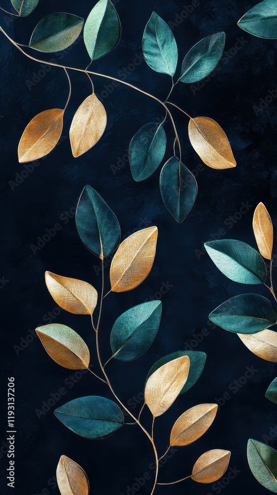 Aufkleber Elegant abstract branches with glossy metallic gold and emerald leaves on deep navy background create a luxurious atmosphere