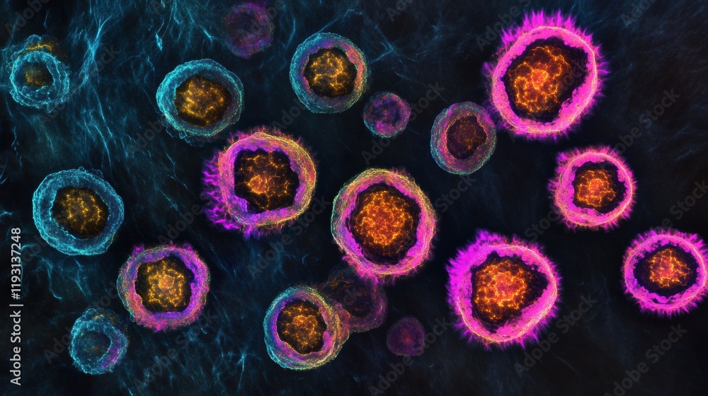 Poster magnified view of colorful viruses showcasing their intricate structures in a scientific context. ge