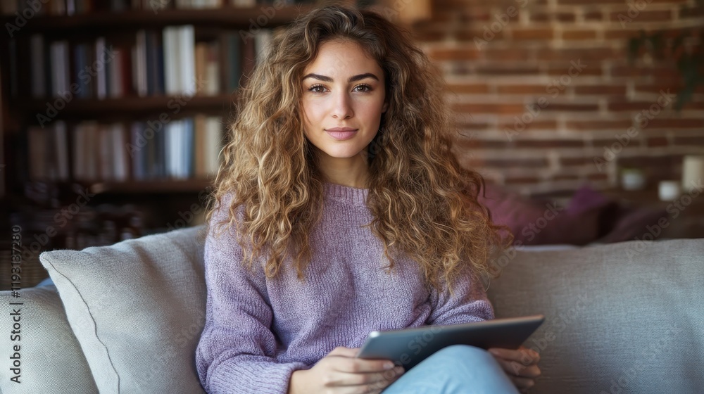 Poster young woman in a cozy setting engages with a digital tablet while relaxing on a modern sofa in soft 