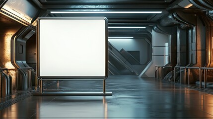 dramatic image of blank poster displayed on sleek metal stand in futuristic exhibition space