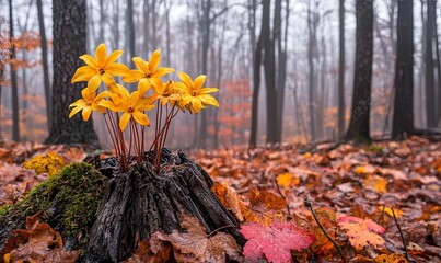 Yellow flowers blooming on a stump in a misty autumn forest