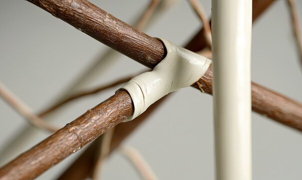 Wooden sticks and white tape form a geometric structure against a plain background, ideal for DIY or construction projects