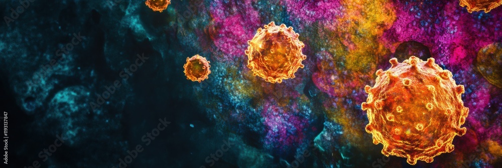 Poster colorful magnification of viruses showcasing their intricate structures and scientific details in an