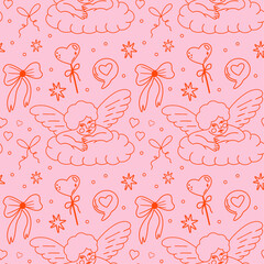Saint Valentine's Day outline seamless vector pattern design. Cute hand-drawn illustration of different romantic objects bow, cupid, love potion, heart, bouquet of flowers, 14 February concept