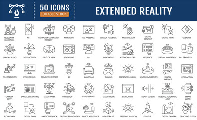 Extended Reality line editable icon set. Containing vr,
mixed reality, immersion, simulation, haptic feedback,
spatial computing and more. Vector Illustration