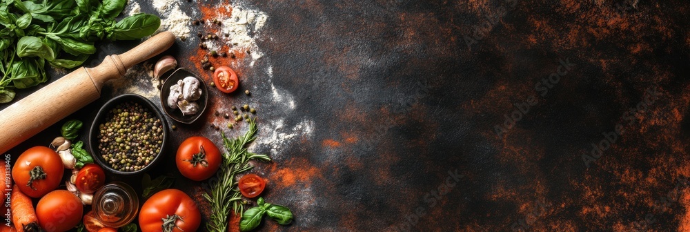 Leinwandbilder fresh ingredients arranged on a rustic kitchen table for baking with dough and spices included in a 