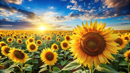 Obraz premium Golden Sunflowers at Sunset in a Vast Field