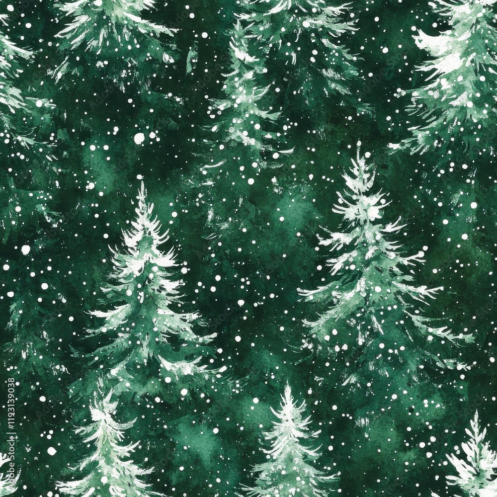 Poster vibrant watercolor pattern featuring snow-covered pine trees and sparkling snow in a whimsical doodl