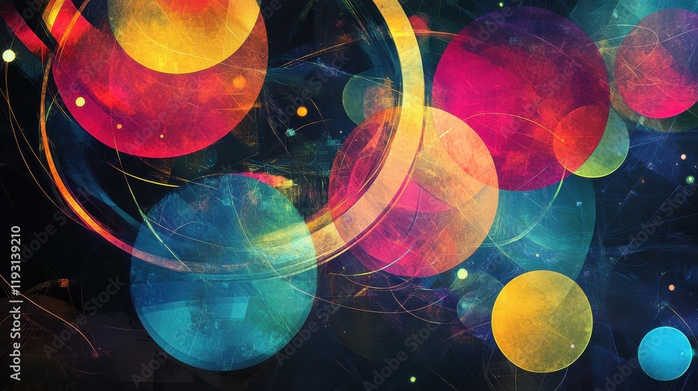 Leinwandbilder Colorful overlapping circles represent portfolio diversification with glowing financial graphs in a double exposure design