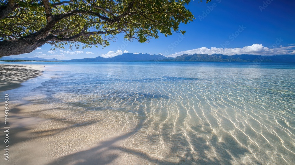 Poster tranquil spring beach with clear shallow waters reflecting intricate patterns over sandy seabed unde
