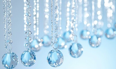 Crystal chains with faceted beads hanging against a soft blue backdrop, ideal for luxury or elegance themes