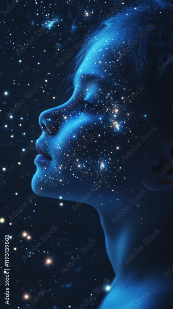 Poster surreal visualization of a child's face merging with a starlit sky and glowing constellations in a c
