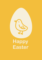 Happy Easter greeting card with cute yellow chick and egg. A4 vector illustration for poster, banner, card, postcard.