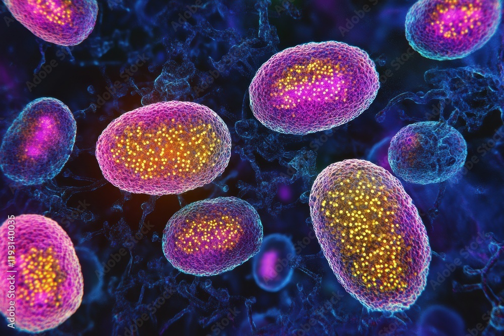 Poster magnified view of colorful viruses showcasing intricate details and vibrant structures under scienti