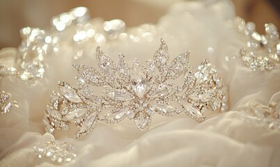 Fototapeta premium Diamond tiara on white wedding veil, bridal preparation detail, elegant accessory