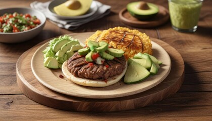 A plate of arepa de carne with sliced palta and guasacaca sauce on a wooden table, avocado,