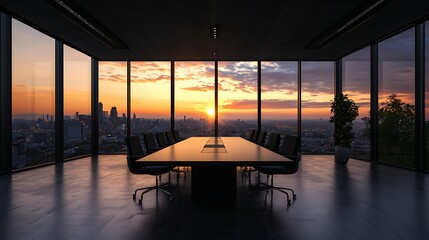 Fototapeta premium Modern conference room at sunset with city skyline view and vibrant colors in the background