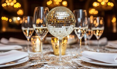 Disco ball centerpiece on elegant table setting at a festive celebration with blurred lights