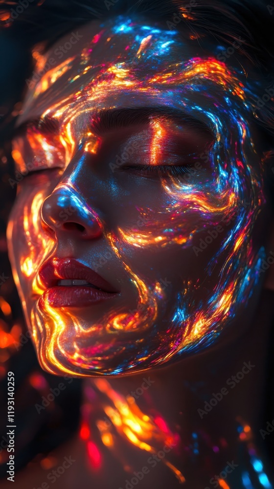 Poster surreal model portrait featuring glowing oil paint textures and vibrant color swirls merging with fa
