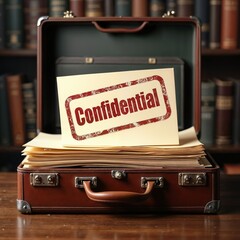 Vintage Brown Leather Briefcase with Confidential Documents against Classic Library