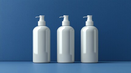 Three sleek white plastic bottles with pumps arranged in a row against a blue textured background, ideal for skincare or beauty products.