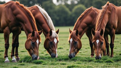 Obraz premium Group of Four Majestic Brown Horses Grazing on Lush Green Grass in a Serene Pastoral Landscape