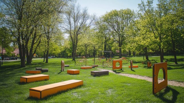 Springtime kids fitness camp with obstacle courses and energetic games in sunny park