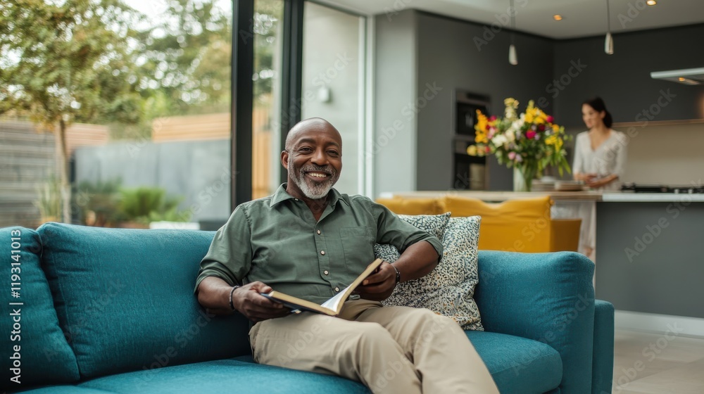 Poster smiling older man enjoys reading on a blue sofa in a modern living space with elegant decor and natu