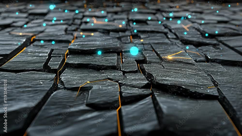 Poster detailed view of a textured dark surface with glowing lines and blue highlights creating a striking 