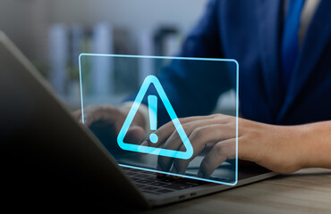 System warning alert, Businessman using laptop with virus notification, and Network Security...