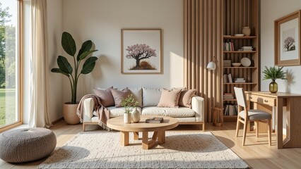 Chic living room featuring a central, sturdy wooden table adorned with vibrant plant-filled vases, offering a serene 3D ambiance and inviting warmth