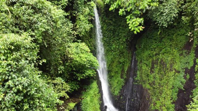 The drone view of Pete Waterfall in Banyumas Regency, Central Java, Indonesia. It was taken on January 13, 2025 by a professional. It's a wonderful landscape with a nice view