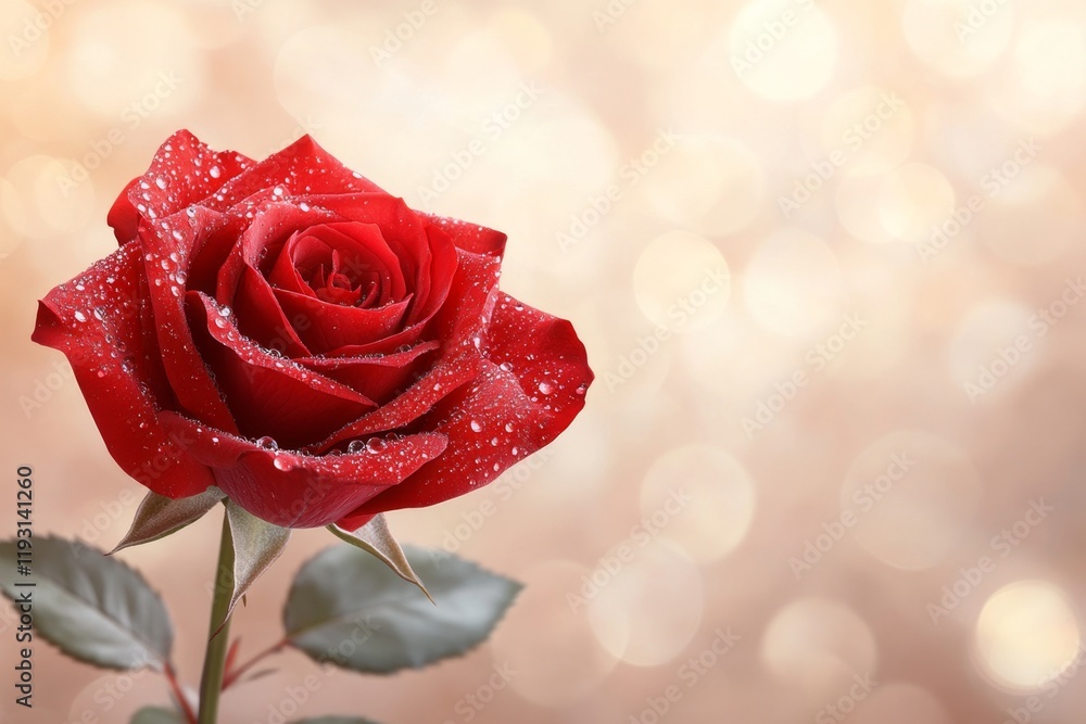 Poster a hyper-realistic close-up of a single red rose with dew drops glistening on its petals, set against