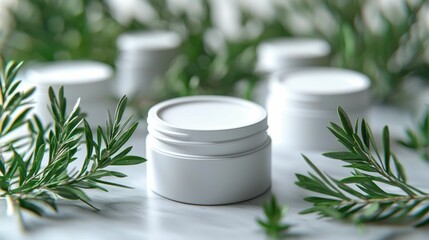 A minimalist cosmetic jar is surrounded by fresh green leaves, showcasing a beautiful design ideal for skincare products and beauty brands.