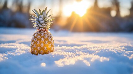 Pineapple standing in the snow at sunset with sun rays illuminating the scene