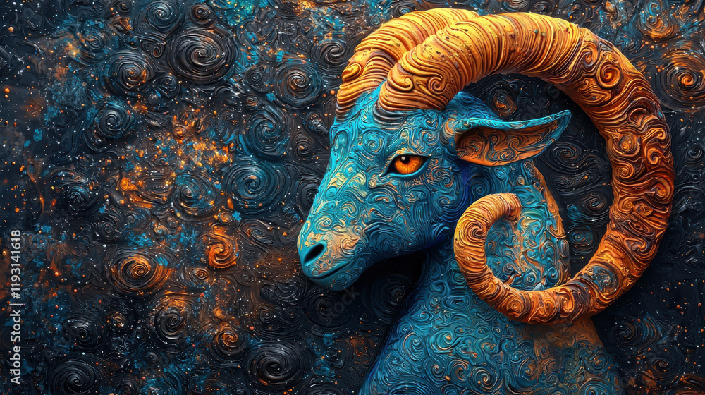 Poster vibrant 3d representation of capricorn goat symbol, featuring intricate swirls and bold colors. artw