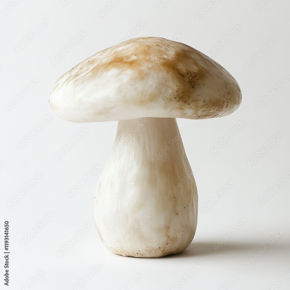 Poster fresh white mushroom with smooth cap and textured underside on a clean white surface