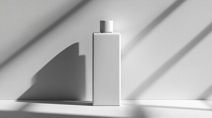 A minimalistic white cosmetic bottle is featured against a textured wall, beautifully illuminated with soft shadows for a serene and elegant look.