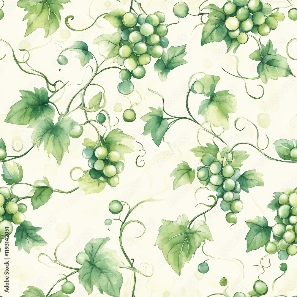 Poster Serene watercolor doodle pattern of grapevines with delicate tendrils on a soft cream background