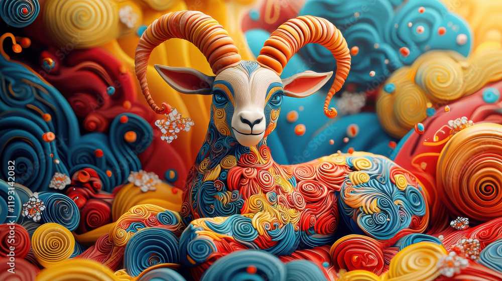 Poster intricate 3d design of goat representing capricorn, featuring vibrant swirls and colors, creating wh
