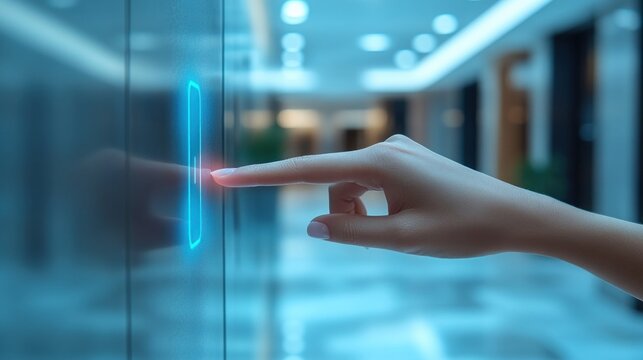 Hand pressing a glowing elevator button in a modern, well-lit office building corridor