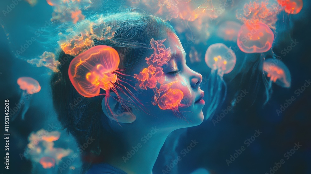 Aufkleber Serene child illuminated by glowing jellyfish within gentle ocean currents at twilight