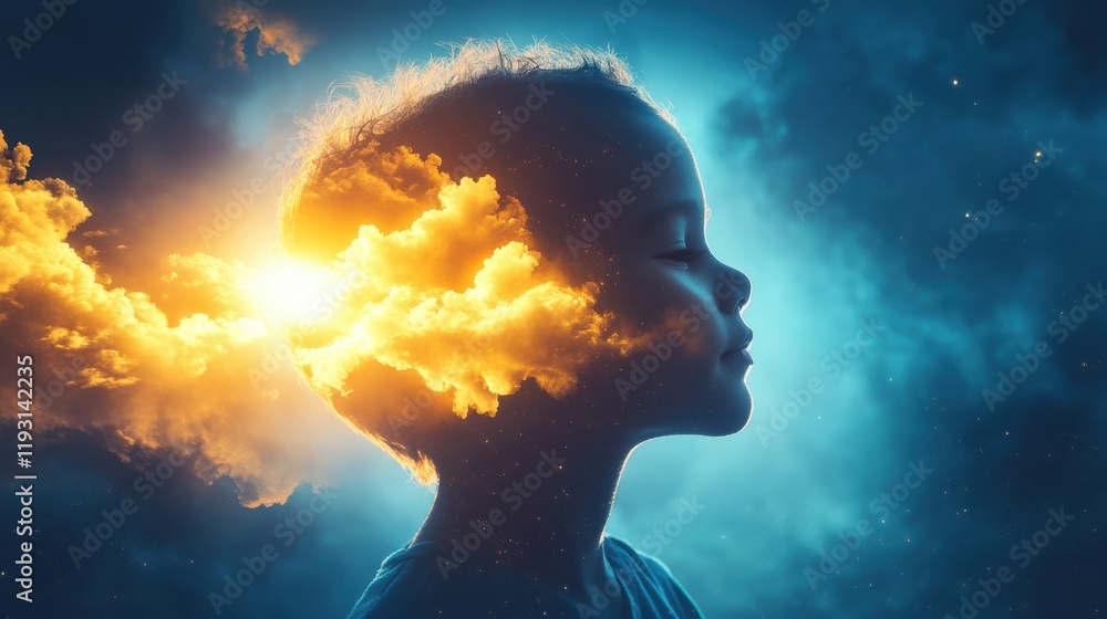 Poster serene silhouette of a child illuminated by soft clouds at twilight